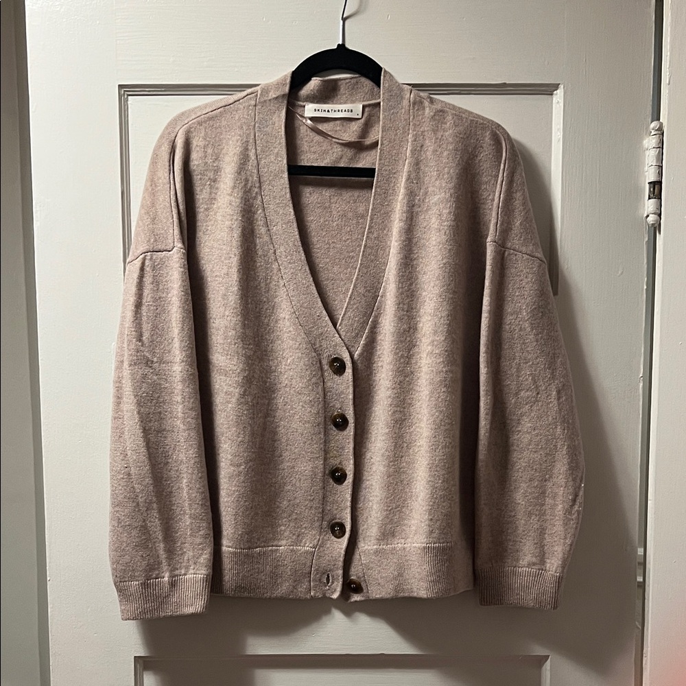 Skin & Threads V-Neck 100% Cashmere Cardigan Sweater - Light Brown/Oatmeal.